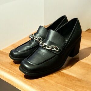 Calvin Klein Black Leather Chunky Silver Chain Loafers